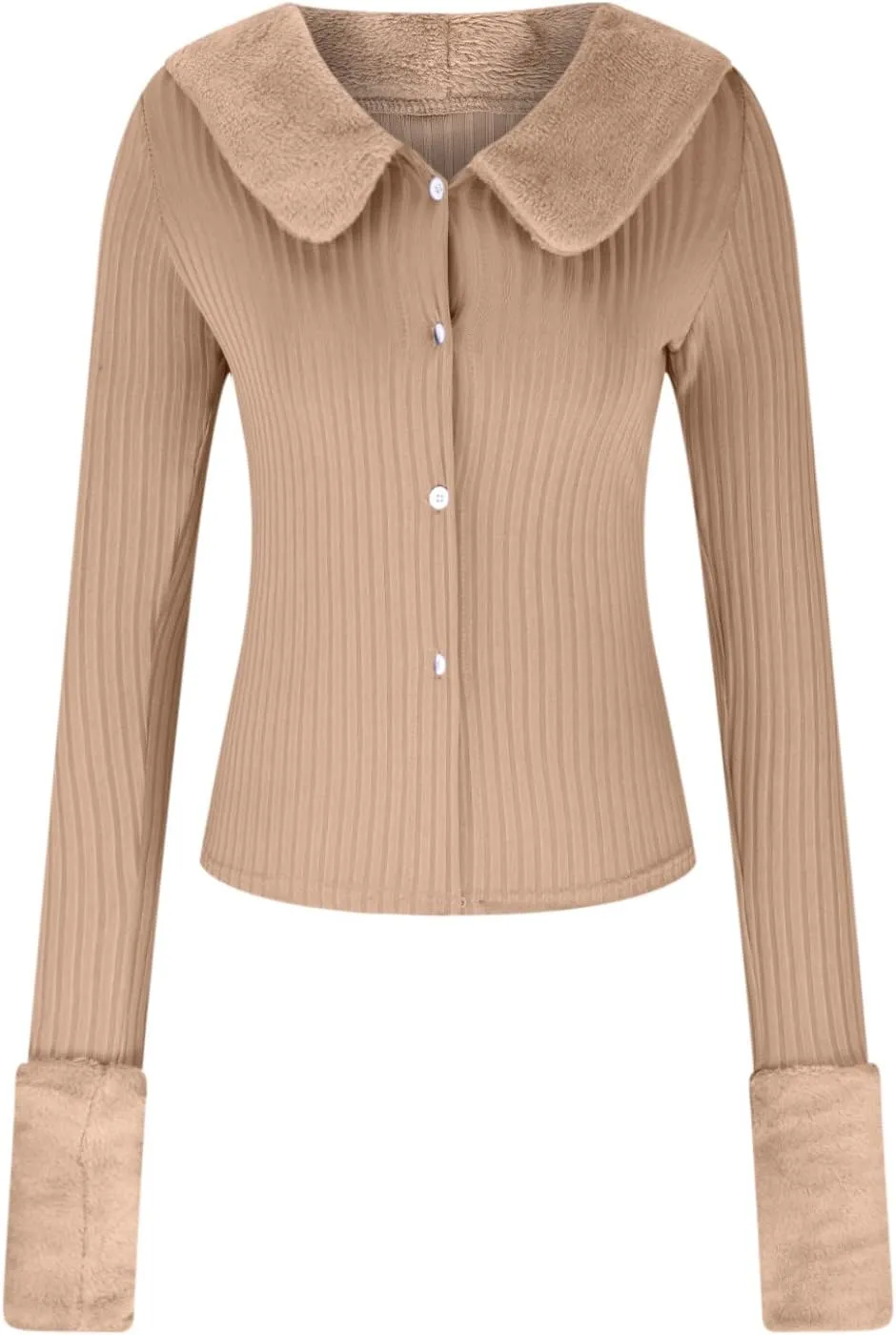 Wkishenl Women Knit Sweater Cardigan Solid Color Button Down Open Front Coat Fall Fashion Outwear with Fur Collar Cuffs Tops