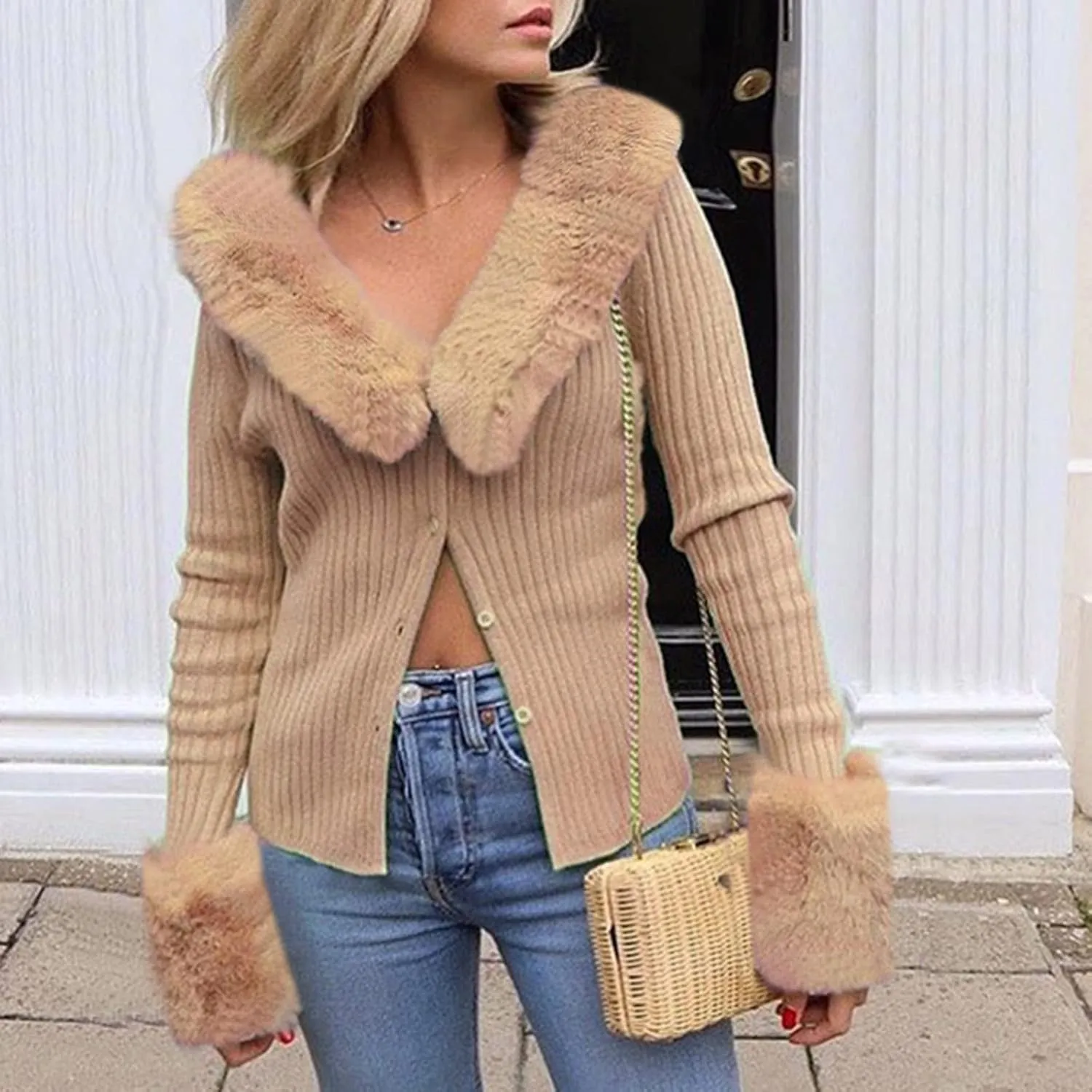 Wkishenl Women Knit Sweater Cardigan Solid Color Button Down Open Front Coat Fall Fashion Outwear with Fur Collar Cuffs Tops