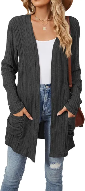 Women 2024 Long Sleeve Open Front Chunky Cable Knit Cardigan Sweaters Lightweight Casual Pockets Fall Outwear Coat