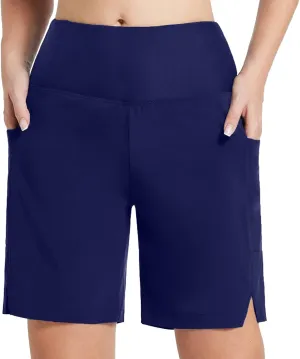 Women 7" Swim Shorts High Waisted Swimsuit Shorts Plus Size Bathing Suit Shorts Long Boy Shorts with Pockets