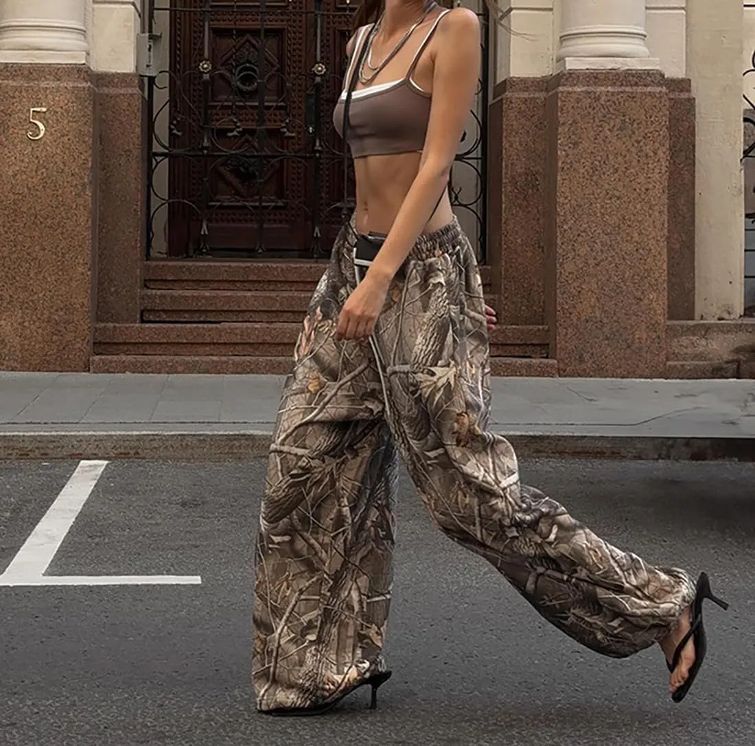 Women Baggy Wide Leg Sweatpants Y2k Loose Camouflage Pants Camo Cargo Pants Joggers with Pockets