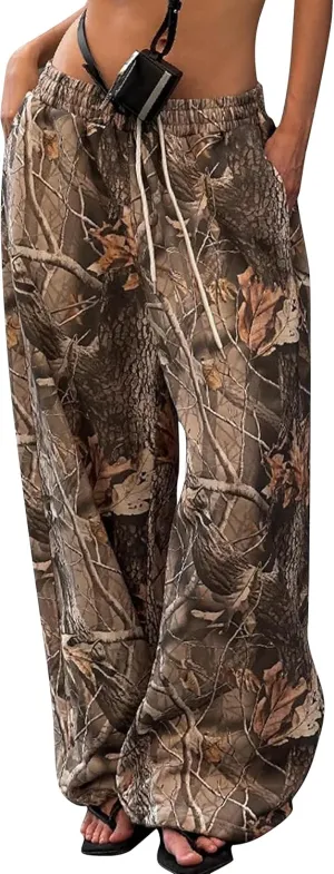 Women Baggy Wide Leg Sweatpants Y2k Loose Camouflage Pants Camo Cargo Pants Joggers with Pockets