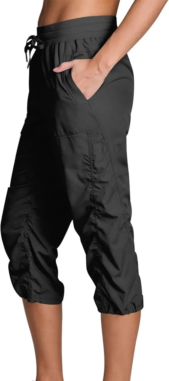 Women Capri Pants Casual Drawstring Elastic High Waisted Pant Quick Dry Tapered Pant Athletic Workout Hiking Trousers