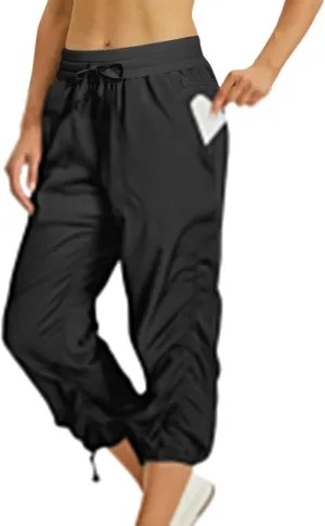 Women Capri Pants Casual Drawstring Elastic High Waisted Pant Quick Dry Tapered Pant Athletic Workout Hiking Trousers