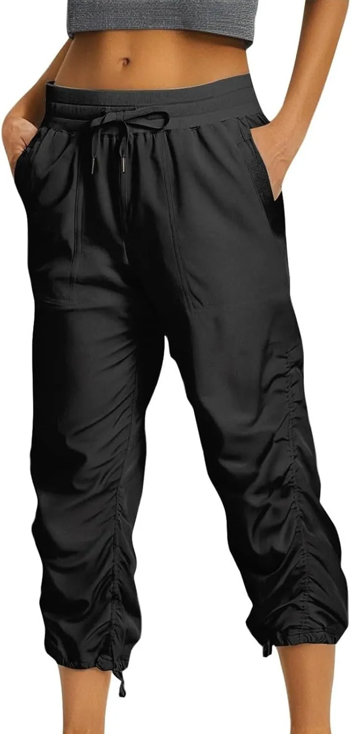 Women Capri Pants Casual Drawstring Elastic High Waisted Pant Quick Dry Tapered Pant Athletic Workout Hiking Trousers