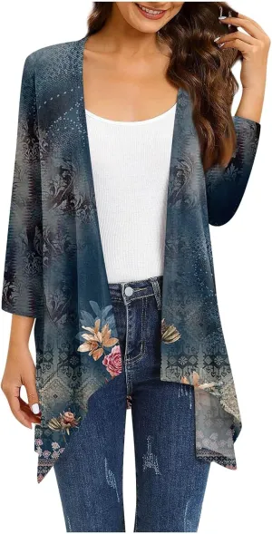 Women Cardigan 2024 3/4 Sleeve Tie Dye Funny Tops Loose Fit Lightweight Blouse Coat Shawl Collar Fall T Shirts