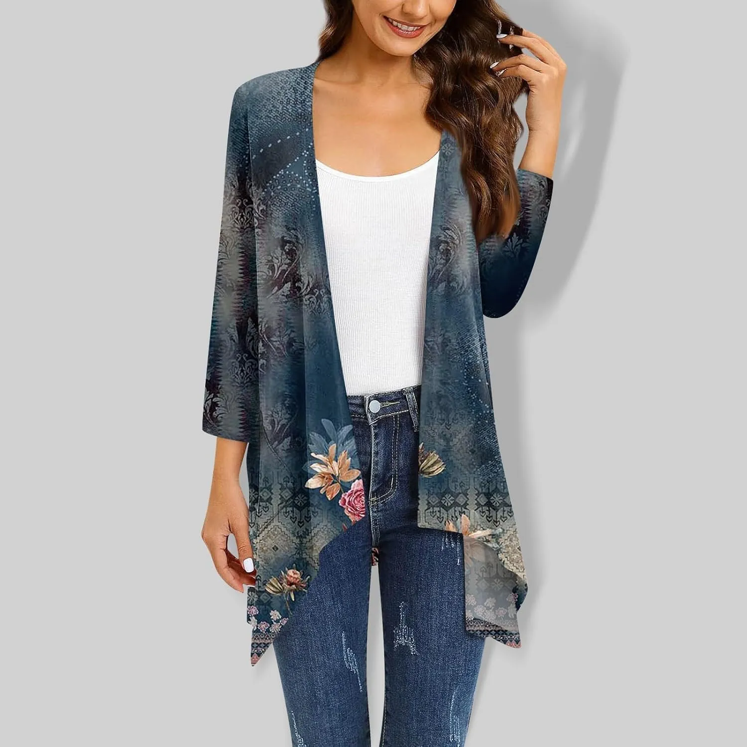 Women Cardigan 2024 3/4 Sleeve Tie Dye Funny Tops Loose Fit Lightweight Blouse Coat Shawl Collar Fall T Shirts