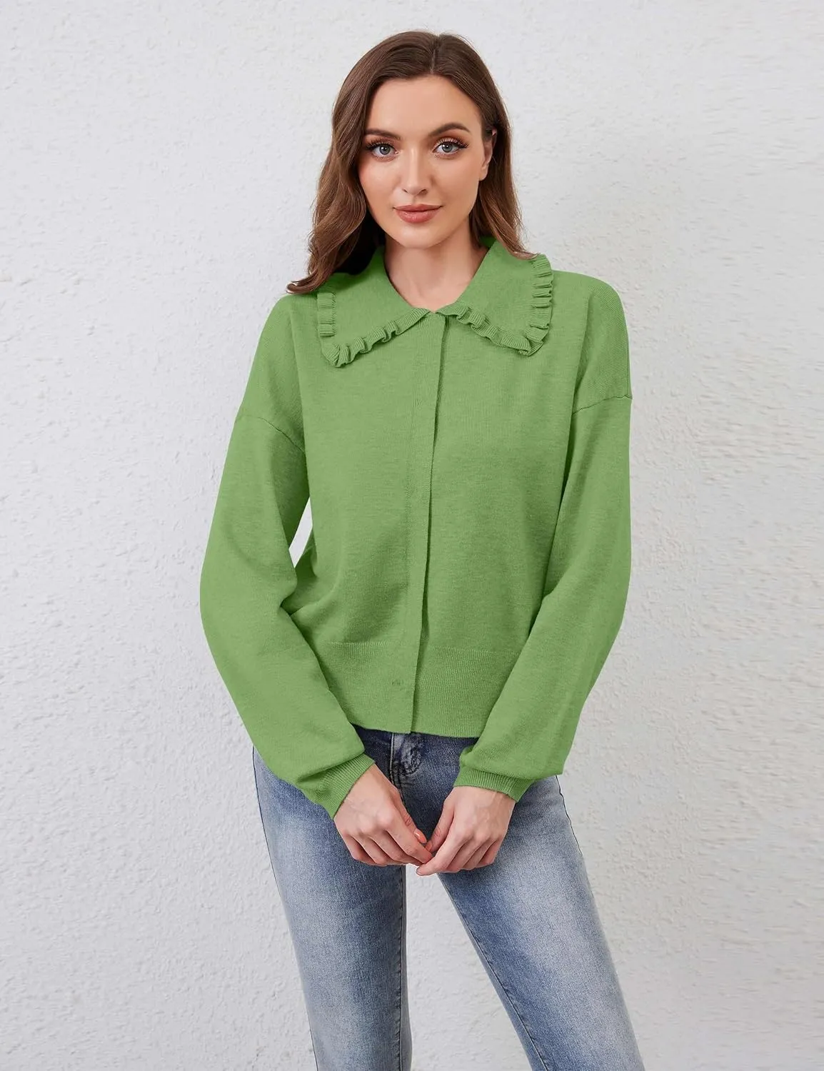 Women Cute Cropped Cardigan Ruffle Collar Open Front Cardigan Sweater Jacket Fall Loose Long Sleeve Knitted Cardigan