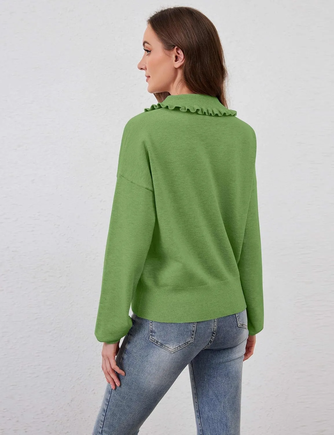 Women Cute Cropped Cardigan Ruffle Collar Open Front Cardigan Sweater Jacket Fall Loose Long Sleeve Knitted Cardigan