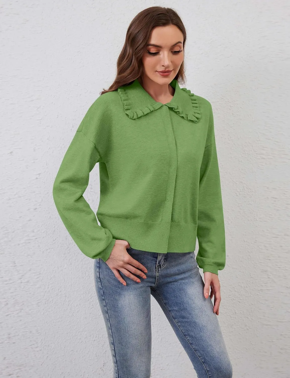 Women Cute Cropped Cardigan Ruffle Collar Open Front Cardigan Sweater Jacket Fall Loose Long Sleeve Knitted Cardigan