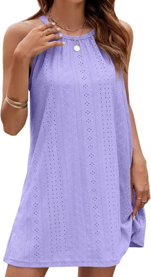 Women Eyelet Hollow Out Breathable Summer Short Dress, Halter Off Shoulder Beach Vacation Sundress Thin Comfy Dresses