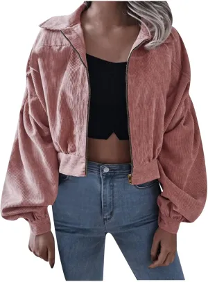 Women Fall Shacket Jackets Vintage Solid Long Sleeve Zipper Coat Cardigans Casual Corduroy Cropped Tops Y2K Blouse