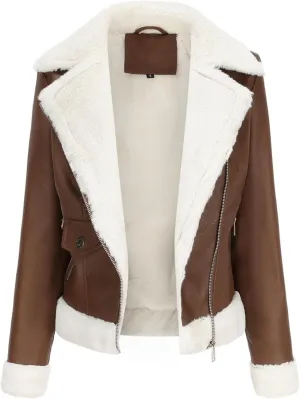 Women Faux Leather Jacket with Faux Fur Lining Warm Winter Biker Coat Faux Fur Moto Jacket Fashion Streetwear