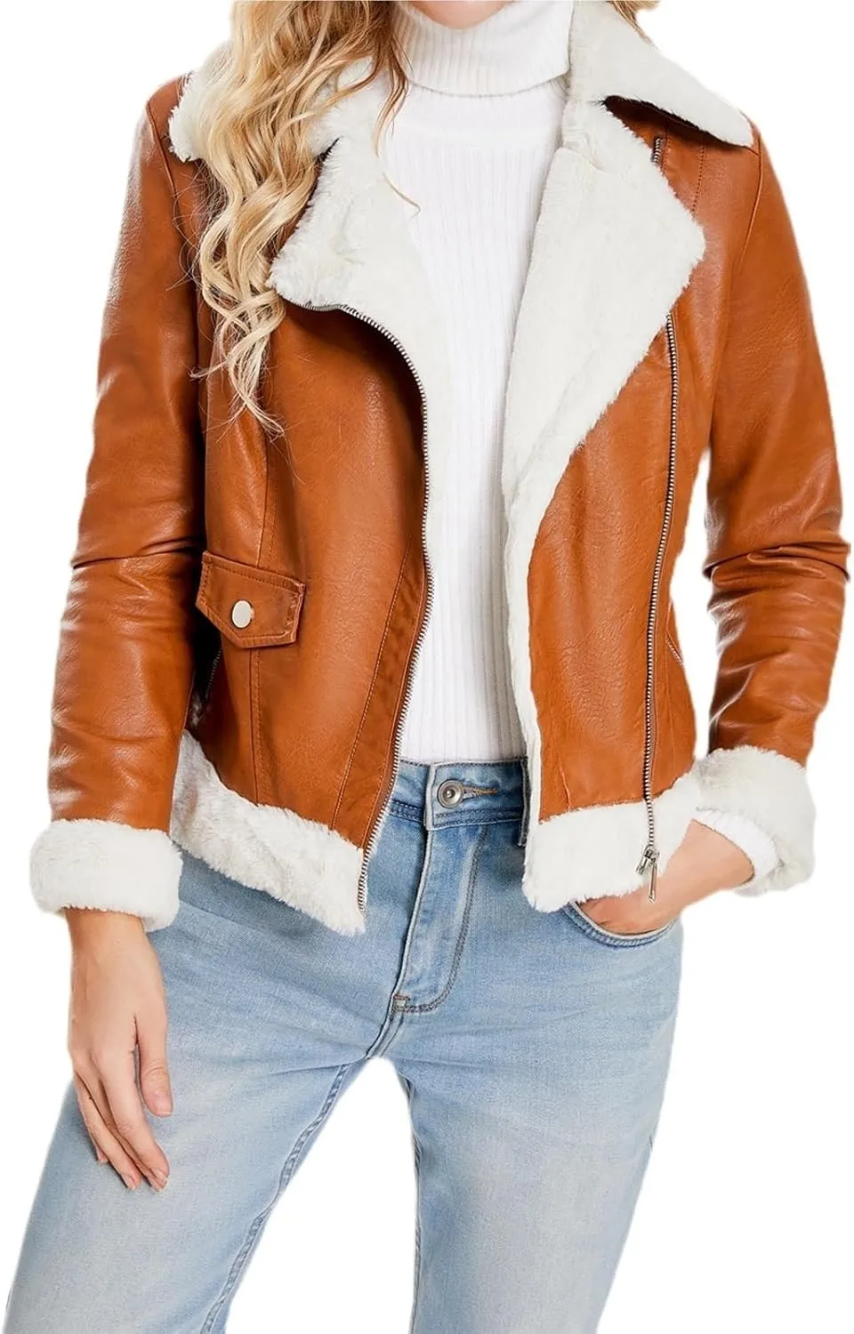 Women Faux Leather Jacket with Faux Fur Lining Warm Winter Biker Coat Faux Fur Moto Jacket Fashion Streetwear