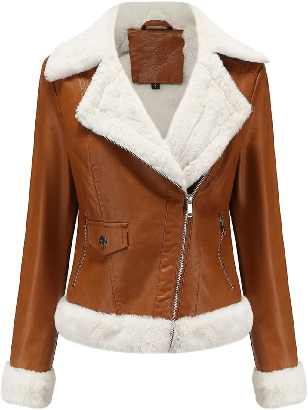 Women Faux Leather Jacket with Faux Fur Lining Warm Winter Biker Coat Faux Fur Moto Jacket Fashion Streetwear