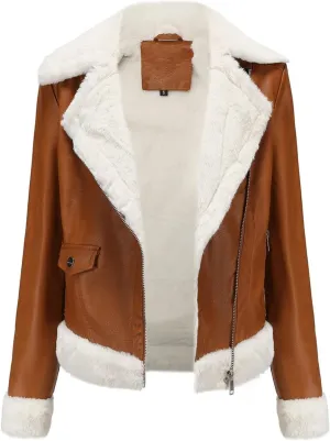 Women Faux Leather Jacket with Faux Fur Lining Warm Winter Biker Coat Faux Fur Moto Jacket Fashion Streetwear