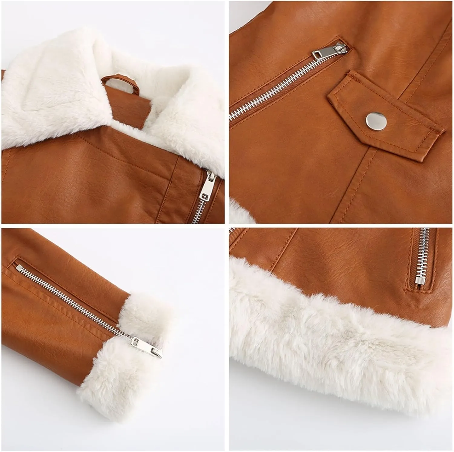 Women Faux Leather Jacket with Faux Fur Lining Warm Winter Biker Coat Faux Fur Moto Jacket Fashion Streetwear