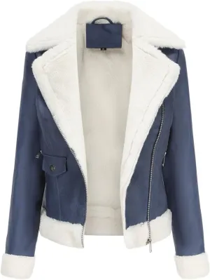 Women Faux Leather Jacket with Faux Fur Lining Warm Winter Biker Coat Faux Fur Moto Jacket Fashion Streetwear