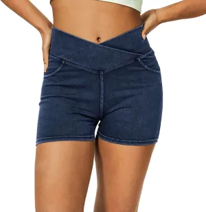 Women High Waisted Crossover Denim Shorts, Elastic Scrunch Butt Lift Jeans Shorts Summer Casual Clothes with Pockets
