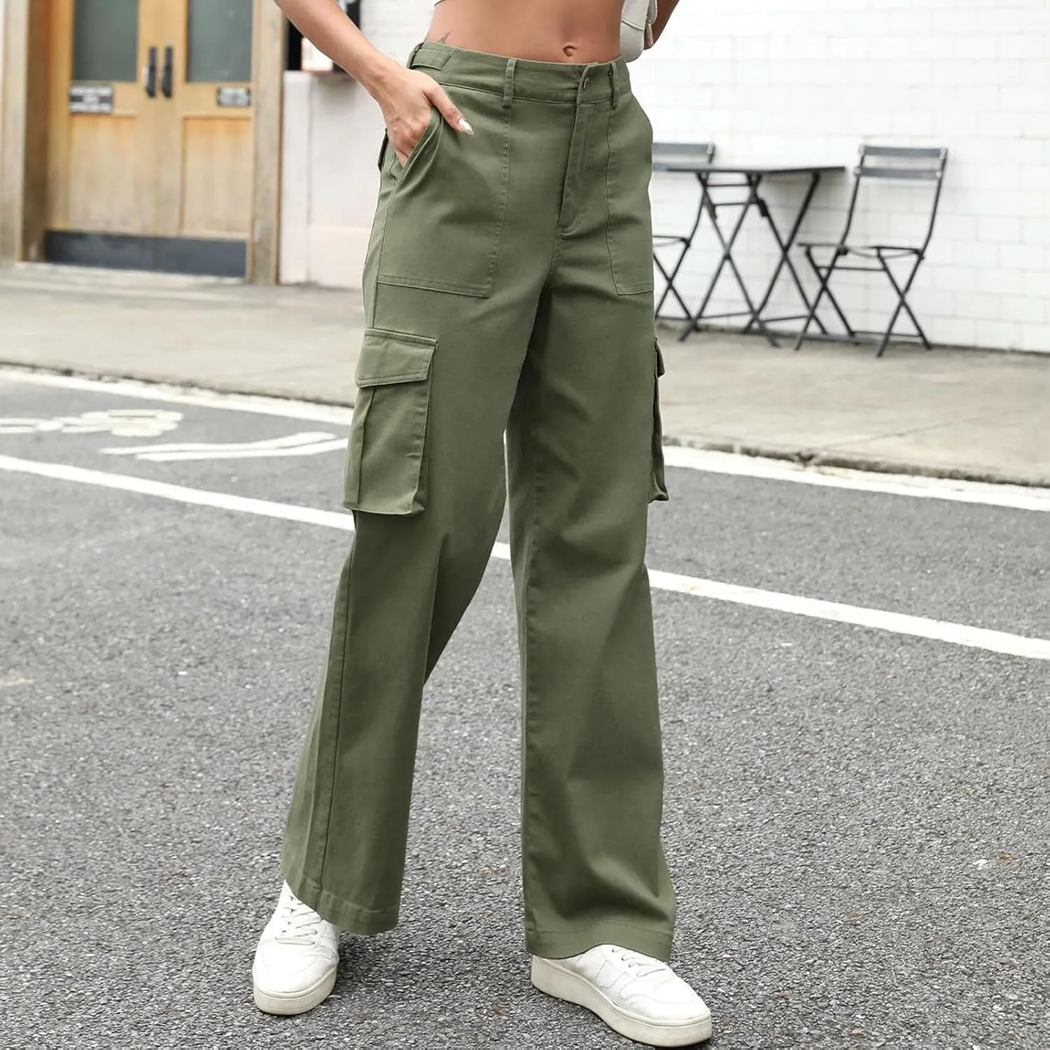 Women High Waisted Satin Cargo Pants Wide Leg Casual Pants Multi Pockets Straight Trousers Elastic Work Pants