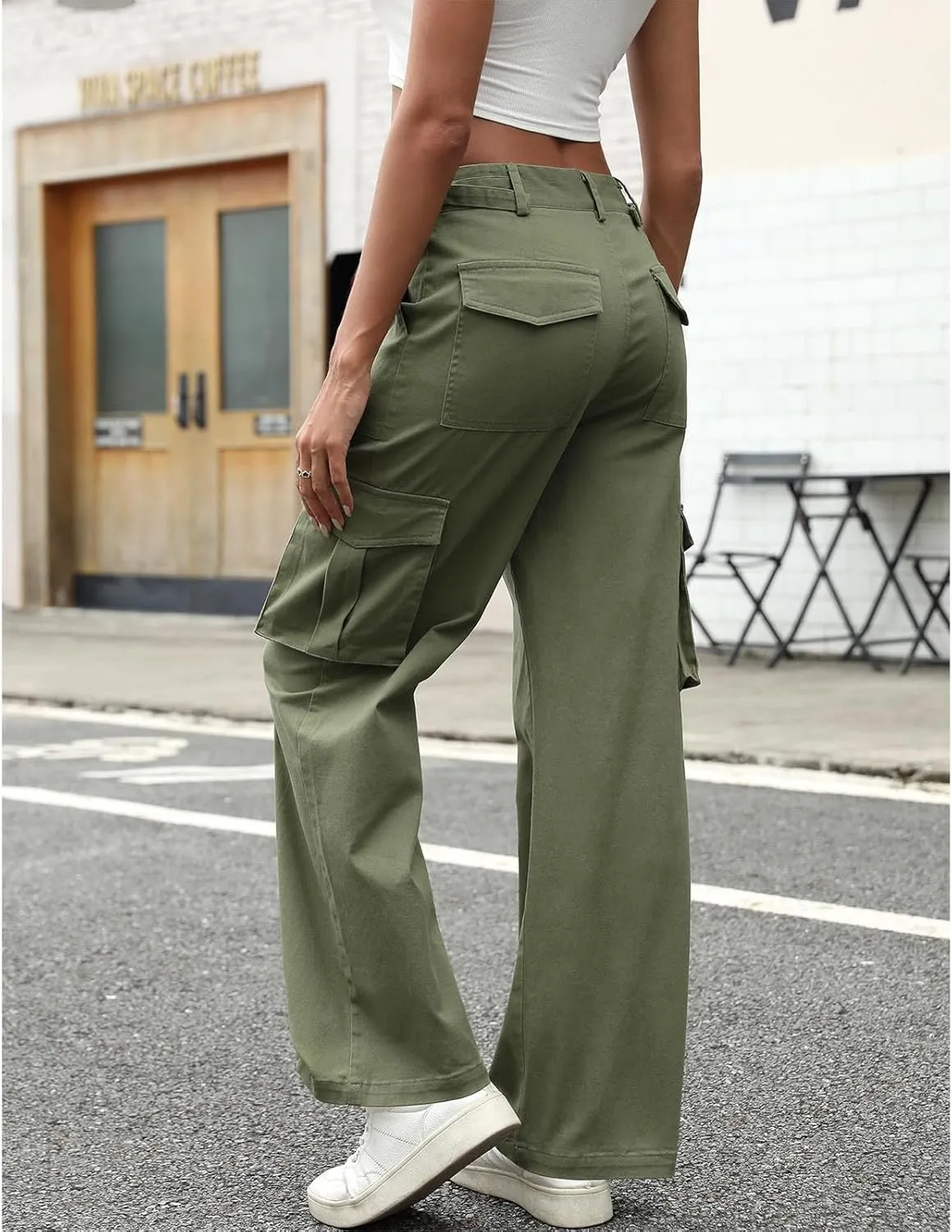Women High Waisted Satin Cargo Pants Wide Leg Casual Pants Multi Pockets Straight Trousers Elastic Work Pants