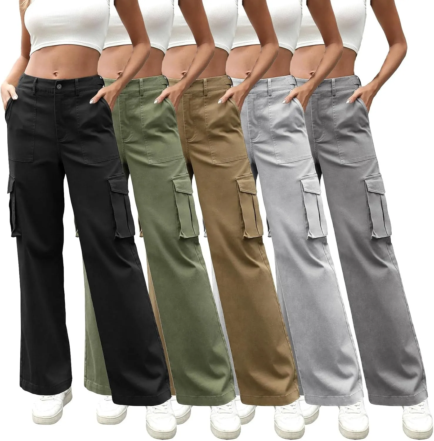 Women High Waisted Satin Cargo Pants Wide Leg Casual Pants Multi Pockets Straight Trousers Elastic Work Pants