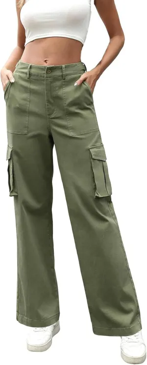 Women High Waisted Satin Cargo Pants Wide Leg Casual Pants Multi Pockets Straight Trousers Elastic Work Pants