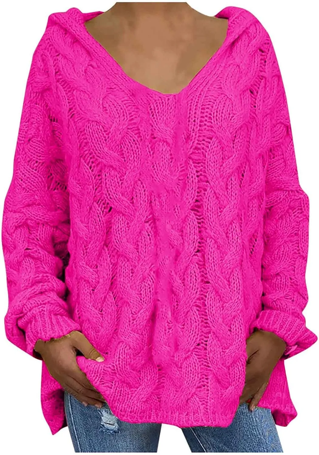 Women Hooded Sweater Cable Knit Pullover Sweaters Casual Plus Size Jumper Tops 2022 Chunky Warm Fall Outfits Y2k Modern