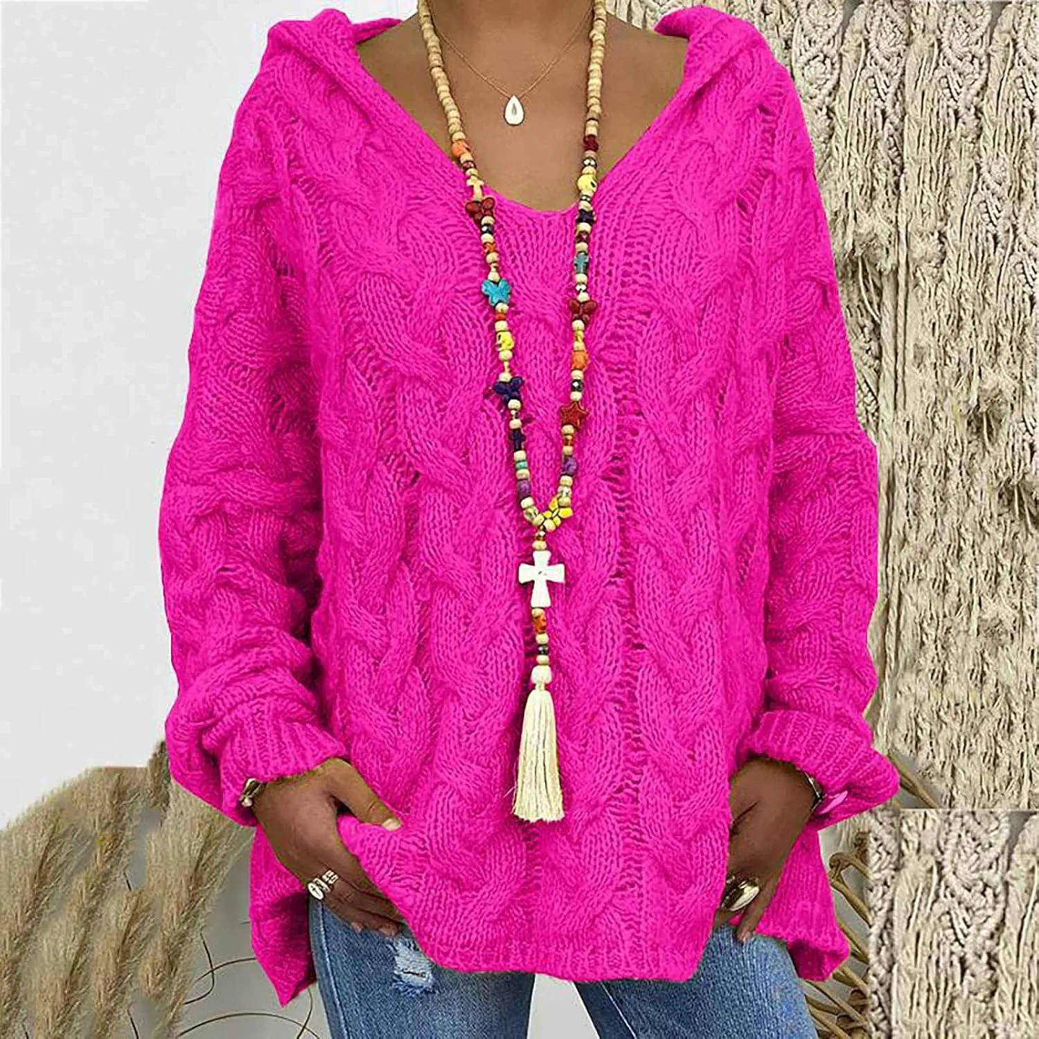 Women Hooded Sweater Cable Knit Pullover Sweaters Casual Plus Size Jumper Tops 2022 Chunky Warm Fall Outfits Y2k Modern