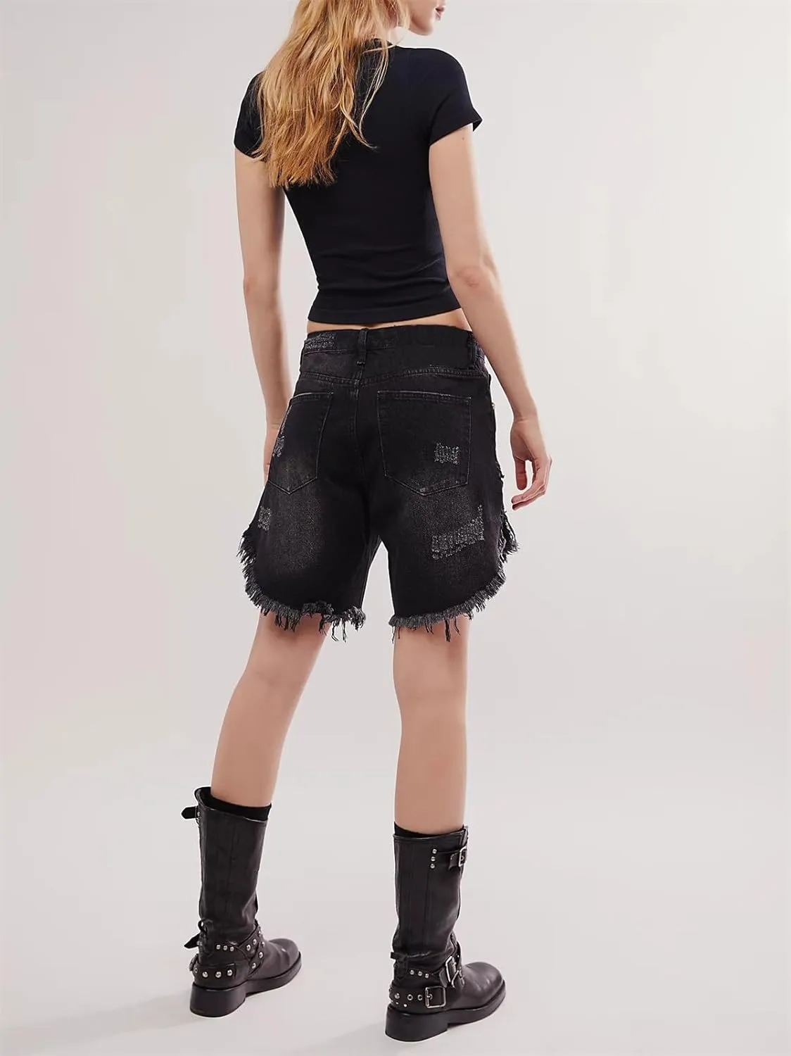 Women Ripped Long Jean Shorts Sexy High Waist Distressed Hem Mid Thigh Denim Shorts Y2k Frayed Summer Hot Jorts Pants