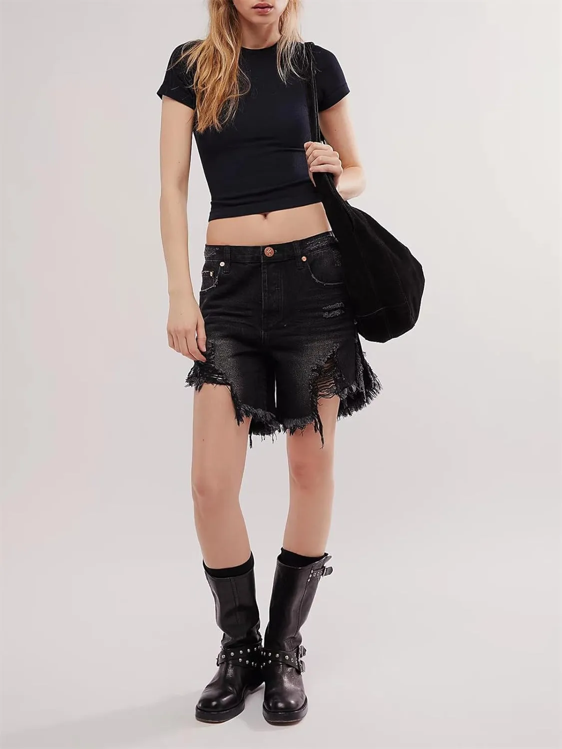 Women Ripped Long Jean Shorts Sexy High Waist Distressed Hem Mid Thigh Denim Shorts Y2k Frayed Summer Hot Jorts Pants