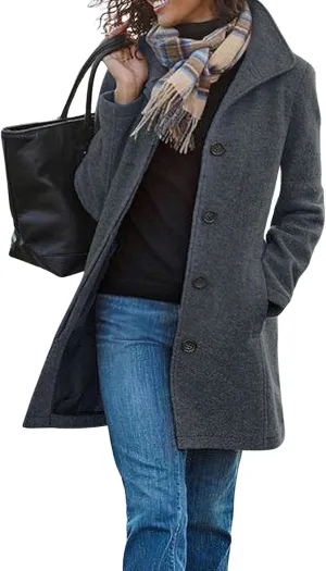 Women Winter Long Pea Coat Wool Blend Stand Collar Coat Single Breast Thicken Blazer Jacket Casaul Jacket