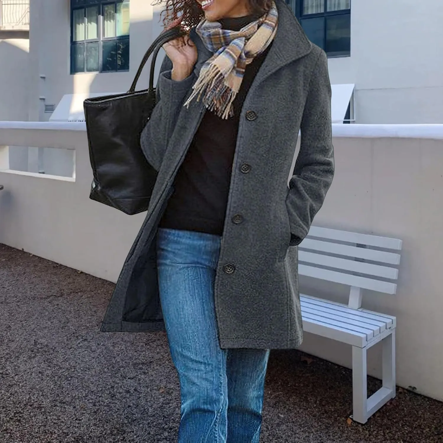 Women Winter Long Pea Coat Wool Blend Stand Collar Coat Single Breast Thicken Blazer Jacket Casaul Jacket
