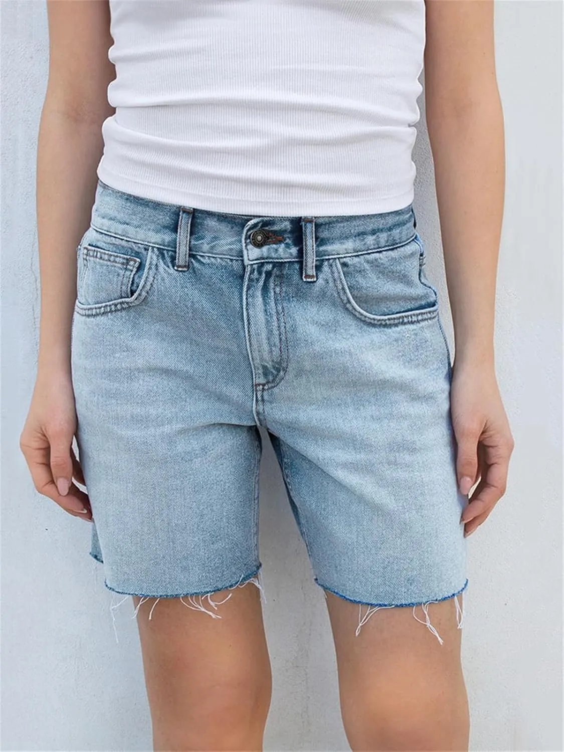 Women Y2k Long Jean Shorts Casual Loose Wide Leg Frayed Raw Hem High Waisted Denim Jorts Vintage Summer Streetwear