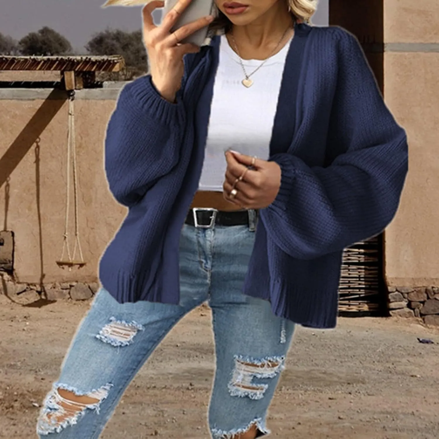 Womens 2023 Fall Winter Long Sleeve Snap Open Front Sweater Solid Color Knit Ribbed Neckline Long Sleeve Cardigans