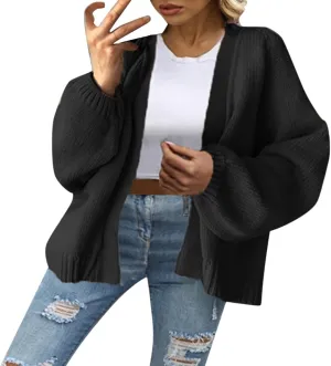 Womens 2023 Fall Winter Long Sleeve Snap Open Front Sweater Solid Color Knit Ribbed Neckline Long Sleeve Cardigans