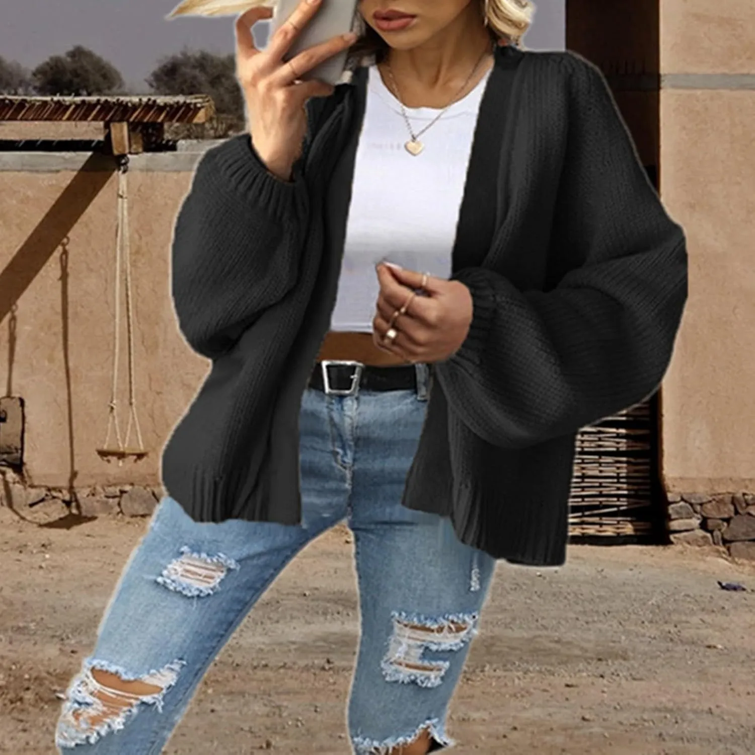 Womens 2023 Fall Winter Long Sleeve Snap Open Front Sweater Solid Color Knit Ribbed Neckline Long Sleeve Cardigans
