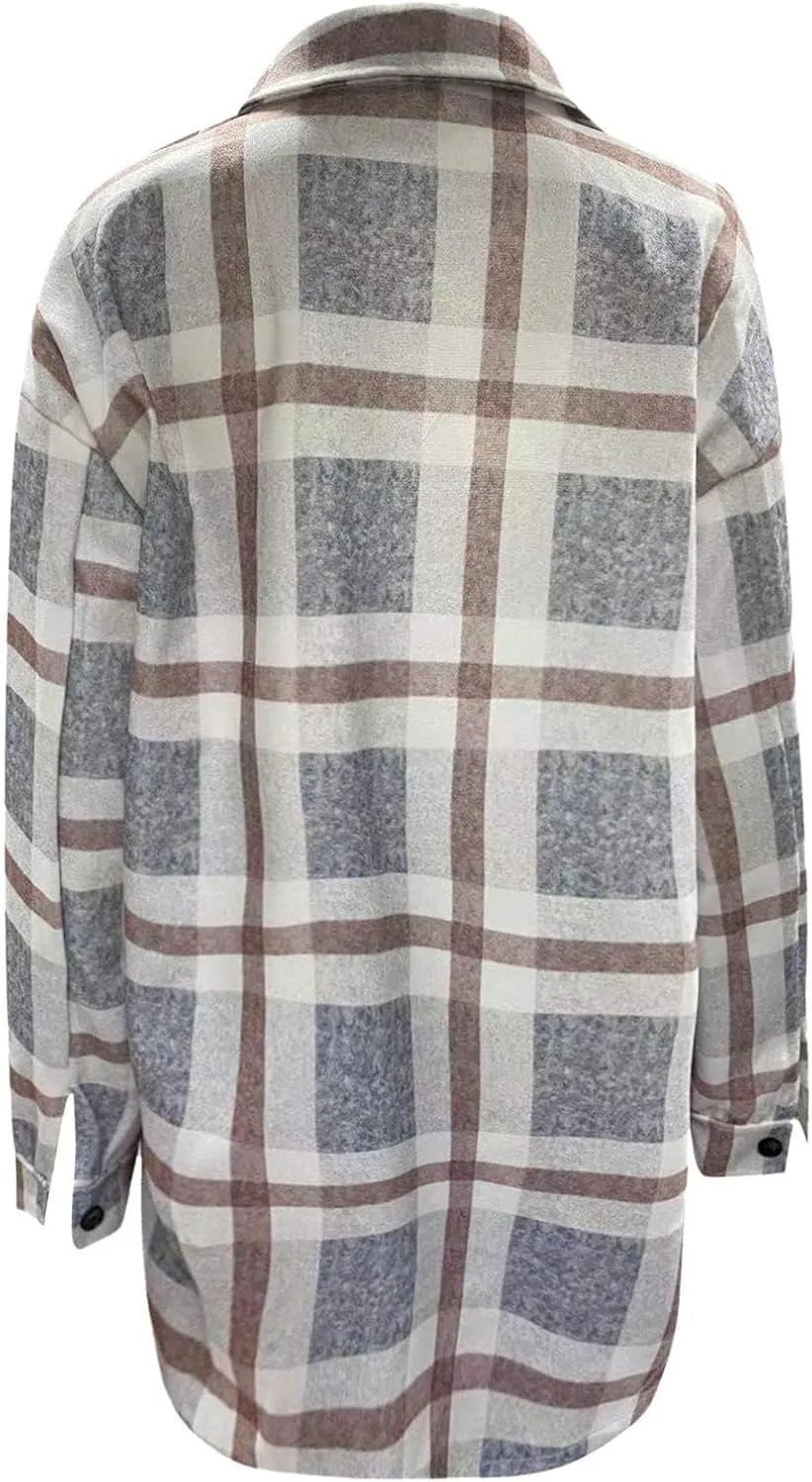 Women's 2023 Long Plaid Shacket Jacket Casual Loose Lapel Button Down Wool Blend Fall Tartan Trench Coat with Pockets