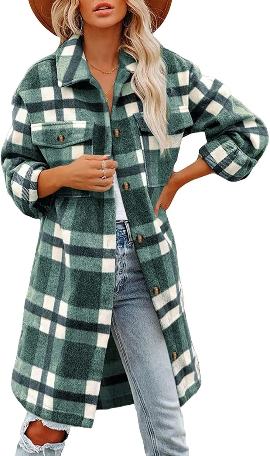 Women's 2023 Long Plaid Shacket Jacket Casual Loose Lapel Button Down Wool Blend Fall Tartan Trench Coat with Pockets