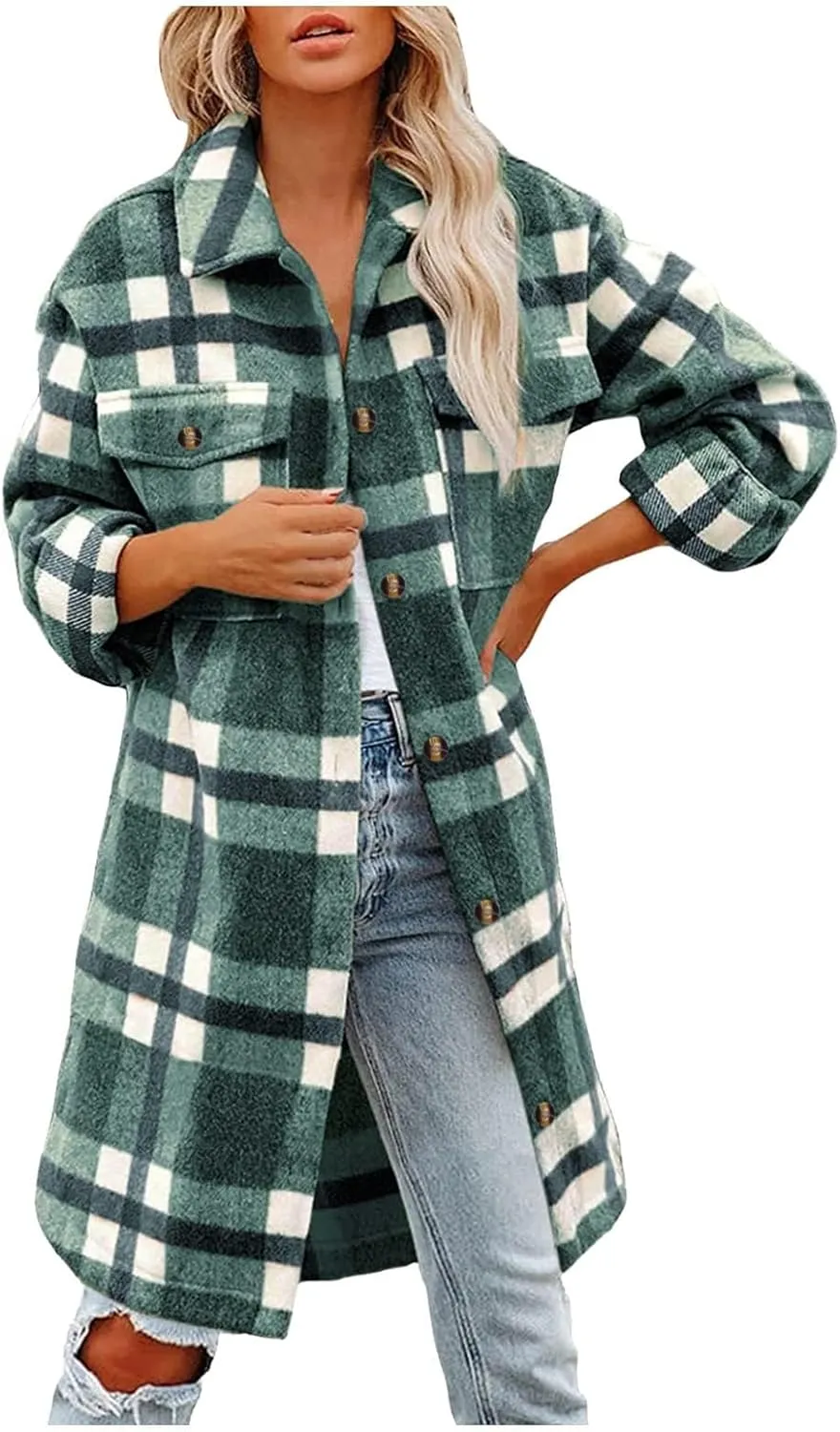 Women's 2023 Long Plaid Shacket Jacket Casual Loose Lapel Button Down Wool Blend Fall Tartan Trench Coat with Pockets