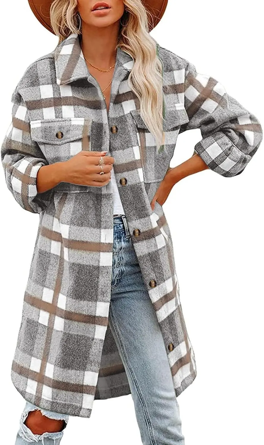 Women's 2023 Long Plaid Shacket Jacket Casual Loose Lapel Button Down Wool Blend Fall Tartan Trench Coat with Pockets