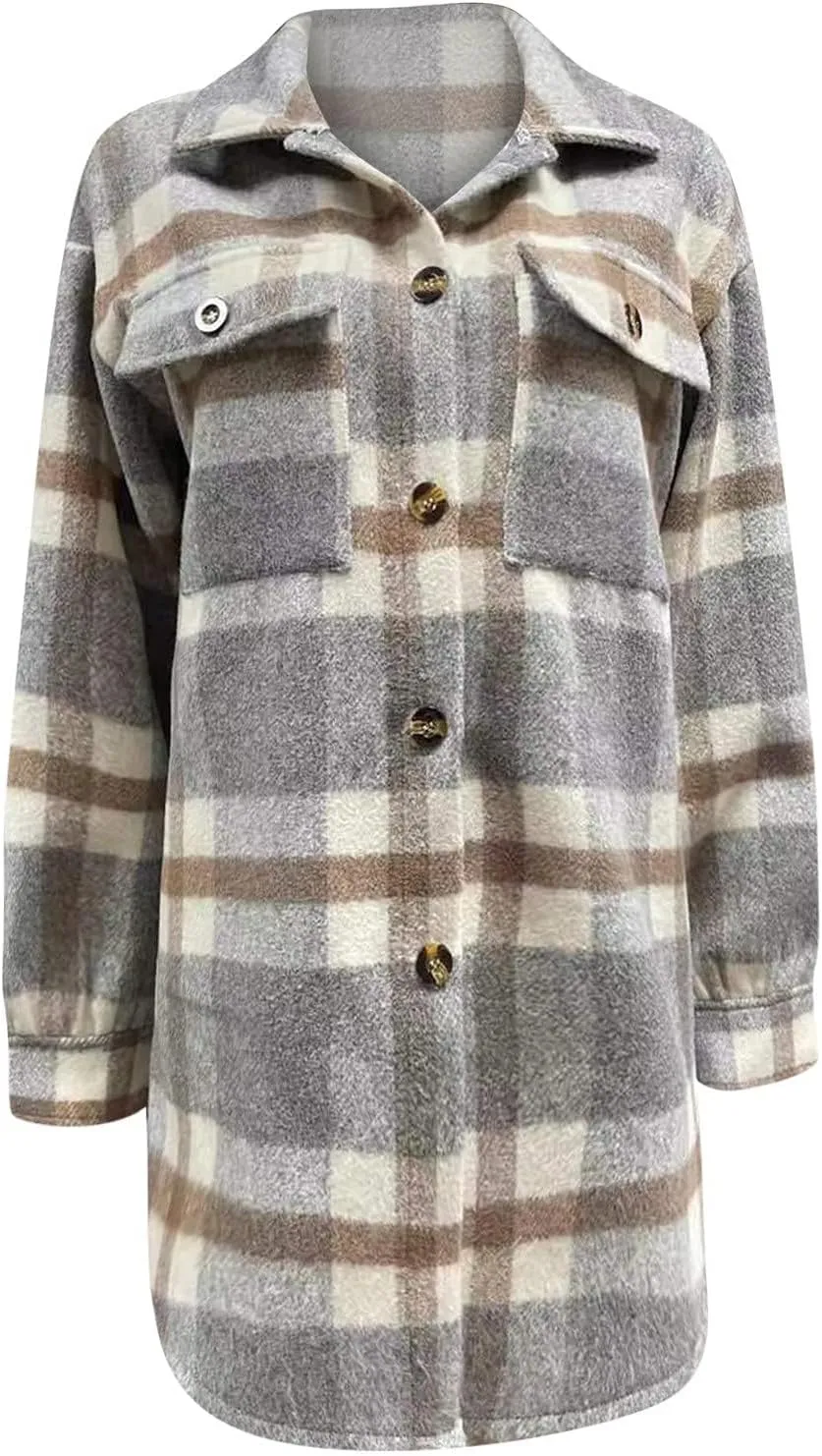 Women's 2023 Long Plaid Shacket Jacket Casual Loose Lapel Button Down Wool Blend Fall Tartan Trench Coat with Pockets
