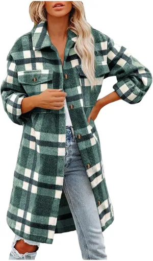 Women's 2023 Long Plaid Shacket Jacket Casual Loose Lapel Button Down Wool Blend Fall Tartan Trench Coat with Pockets