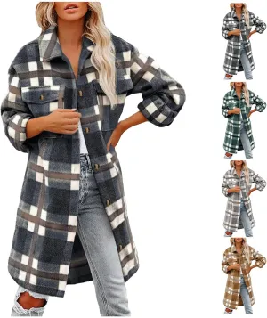 Women's 2023 Long Plaid Shacket Jacket Casual Loose Lapel Button Down Wool Blend Fall Tartan Trench Coat with Pockets