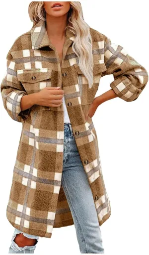 Women's 2023 Long Plaid Shacket Jacket Casual Loose Lapel Button Down Wool Blend Fall Tartan Trench Coat with Pockets