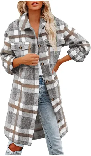Women's 2023 Long Plaid Shacket Jacket Casual Loose Lapel Button Down Wool Blend Fall Tartan Trench Coat with Pockets