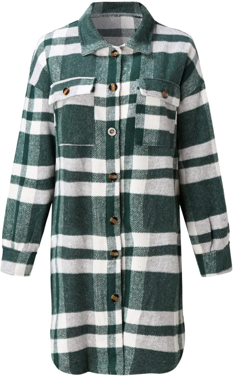 Women's 2023 Long Plaid Shacket Jacket Casual Loose Lapel Button Down Wool Blend Fall Tartan Trench Coat with Pockets