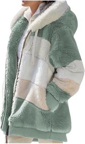 Womens 2024 Winter Fuzzy Fleece Jacket Hooded Color Block Patchwork Long Sleeve Cardigan Coats Outerwear with Pockets