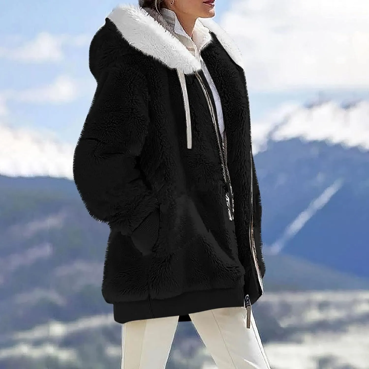 Womens 2024 Winter Fuzzy Fleece Jacket Hooded Color Block Patchwork Long Sleeve Cardigan Coats Outerwear with Pockets