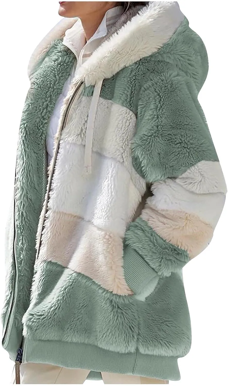 Womens 2024 Winter Fuzzy Fleece Jacket Hooded Color Block Patchwork Long Sleeve Cardigan Coats Outerwear with Pockets